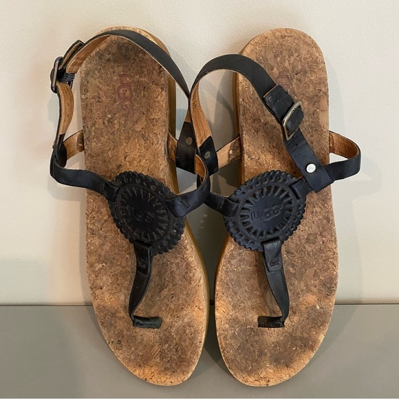 UGG Shoes - UGG Ayden II Thong Black Leather Cork Sandals Sz 11